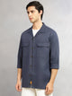 Thomas Scott Men Navy Cricket Club Collection Oversized Fit Long Sleeves Camp Collar Cotton Linen Twill Shacket with 2 Flap Pockets