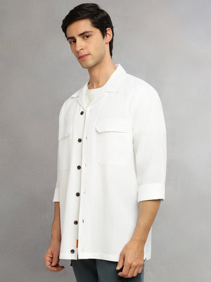 Thomas Scott Men White Cricket Club Collection Oversized Fit Long Sleeves Camp Collar Cotton Linen Twill Shacket with 2 Flap Pockets