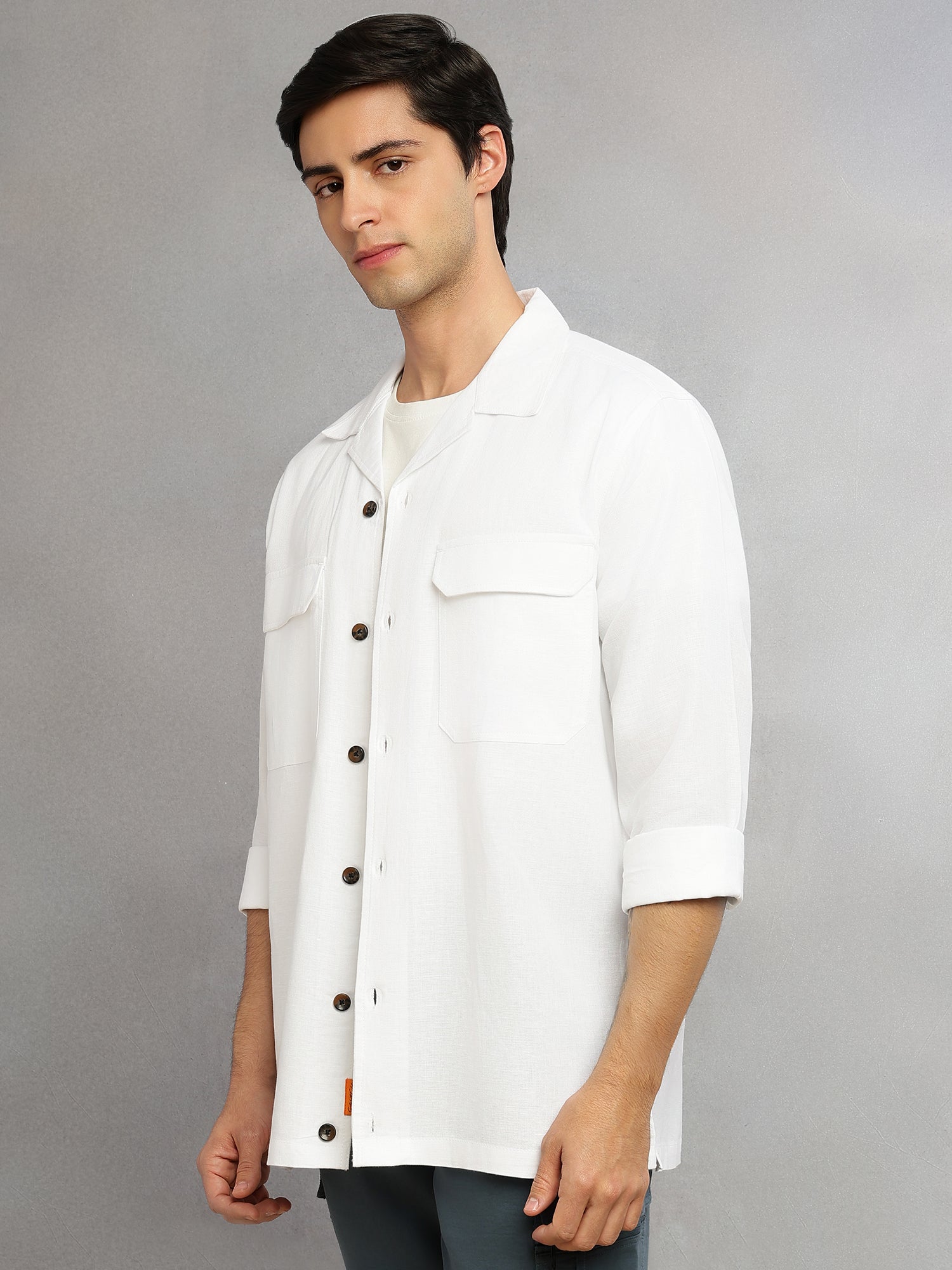 Thomas Scott Men White Cricket Club Collection Oversized Fit Long Sleeves Camp Collar Cotton Linen Twill Shacket with 2 Flap Pockets