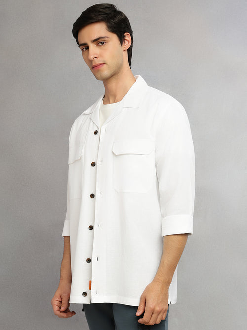 Thomas Scott Men White Cricket Club Collection Oversized Fit Long Sleeves Camp Collar Cotton Linen Twill Shacket with 2 Flap Pockets