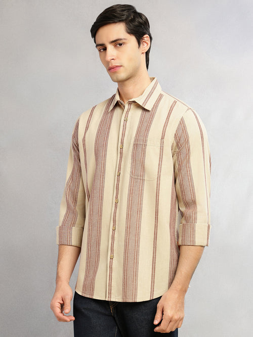 Thomas Scott Men Beige Cricket Club Collection Men Striped Cotton Linen Shirt-Slim Fit, Long Sleeve, Spread Collar Casual Wear