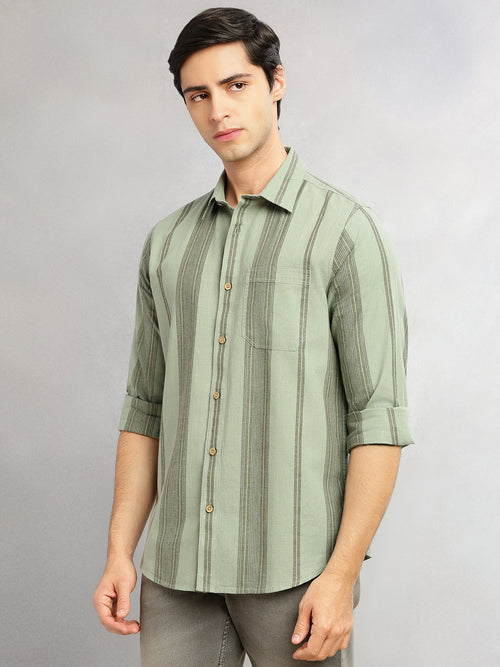 Thomas Scott Men Green Cricket Club Collection Men Striped Cotton Linen Shirt-Slim Fit, Long Sleeve, Spread Collar Casual Wear