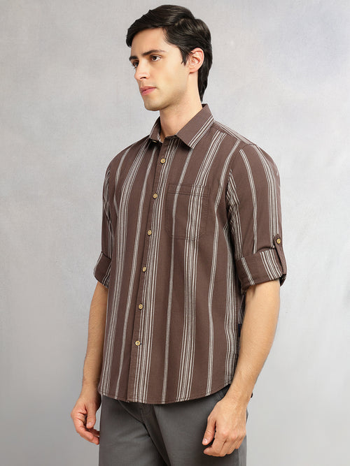 Thomas Scott Men Brown Cricket Club Collection Slim Fit Cotton Linen Classic Striped Casual Wear Shirt for Men