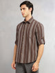 Thomas Scott Men Brown Cricket Club Collection Slim Fit Cotton Linen Classic Striped Casual Wear Shirt for Men