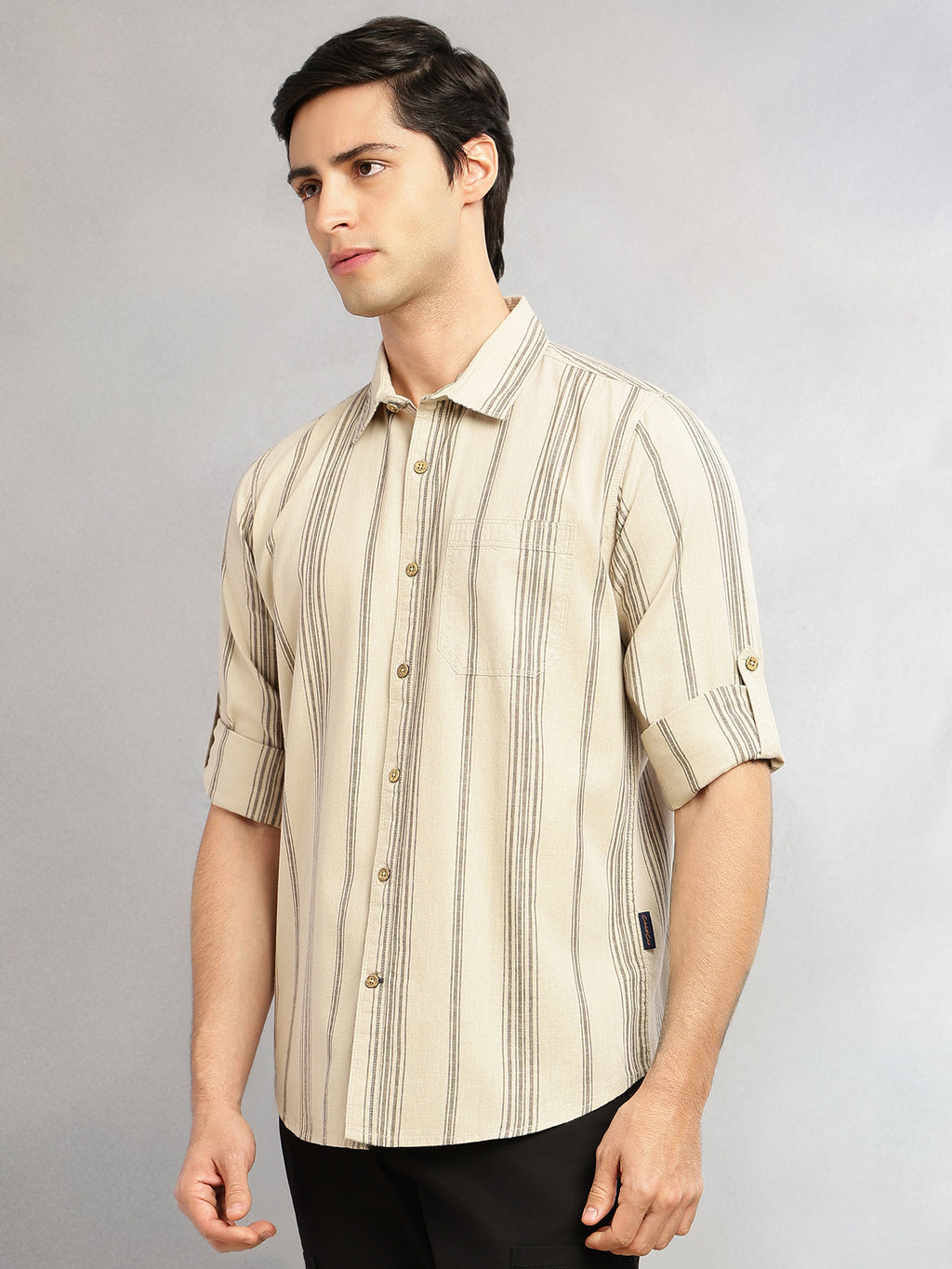 Thomas Scott Men Peach Cricket Club Collection Slim Fit Cotton Linen Classic Striped Casual Wear Shirt for Men