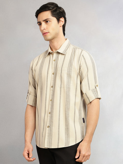 Thomas Scott Men Peach Cricket Club Collection Slim Fit Cotton Linen Classic Striped Casual Wear Shirt for Men