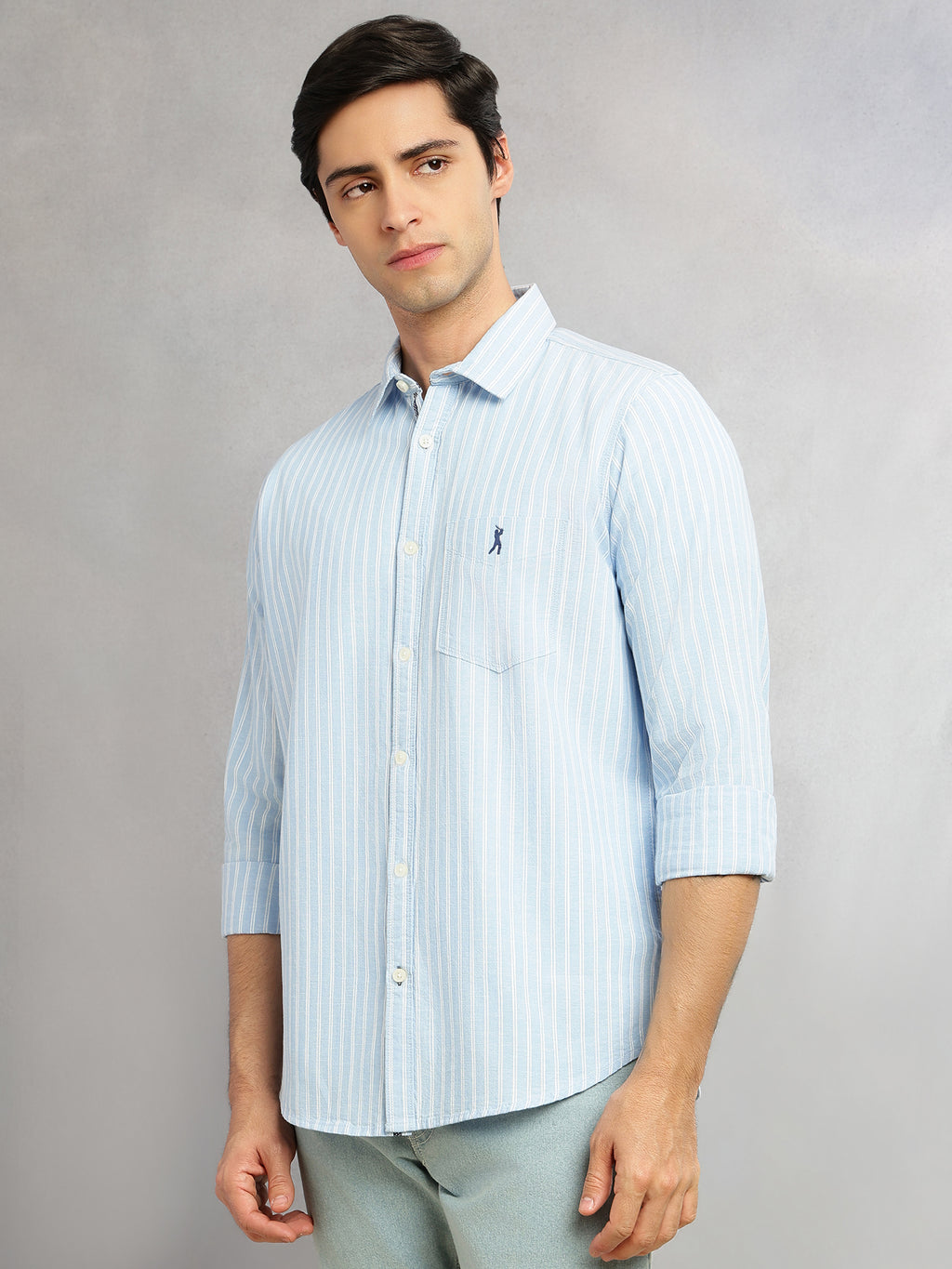 Thomas Scott Men Blue Cricket Club Collection Slim Fit 100% Cotton Oxford Shirt with Vertical Stripes & Spread Collar