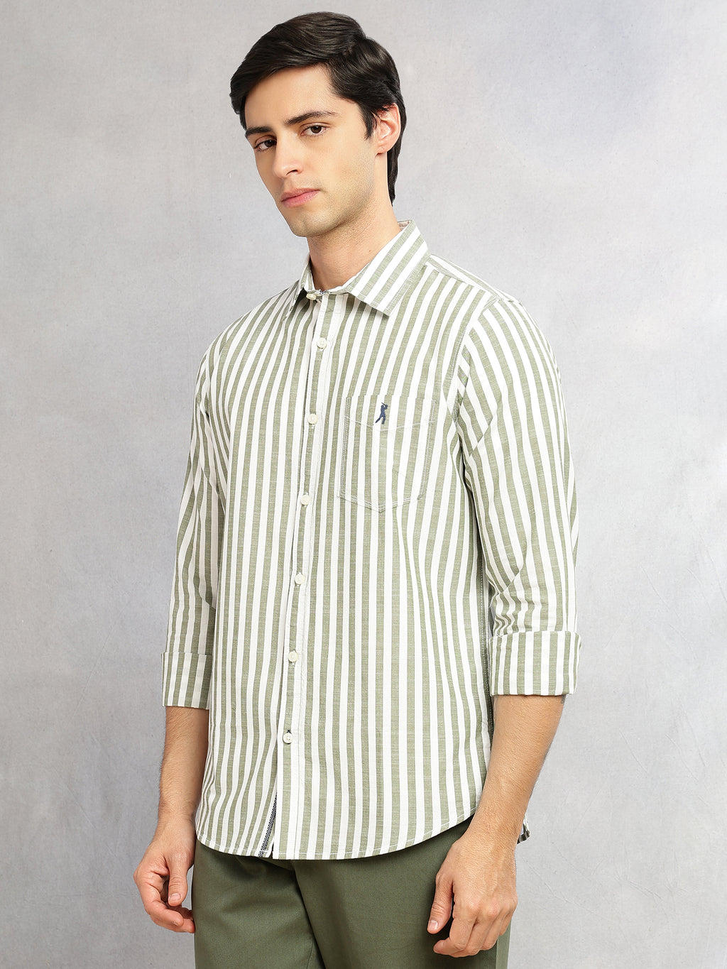 Thomas Scott Men Green Cricket Club Collection Slim Fit 100% Cotton Oxford Shirt with Vertical Stripes & Spread Collar