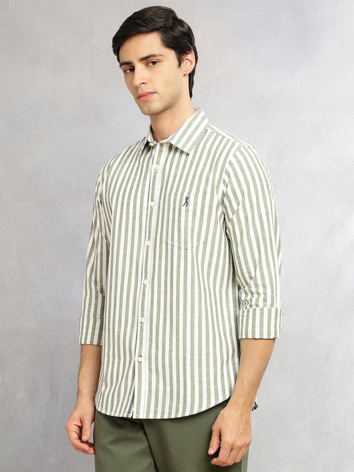 Thomas Scott Men Green Cricket Club Collection Slim Fit 100% Cotton Oxford Shirt with Vertical Stripes & Spread Collar