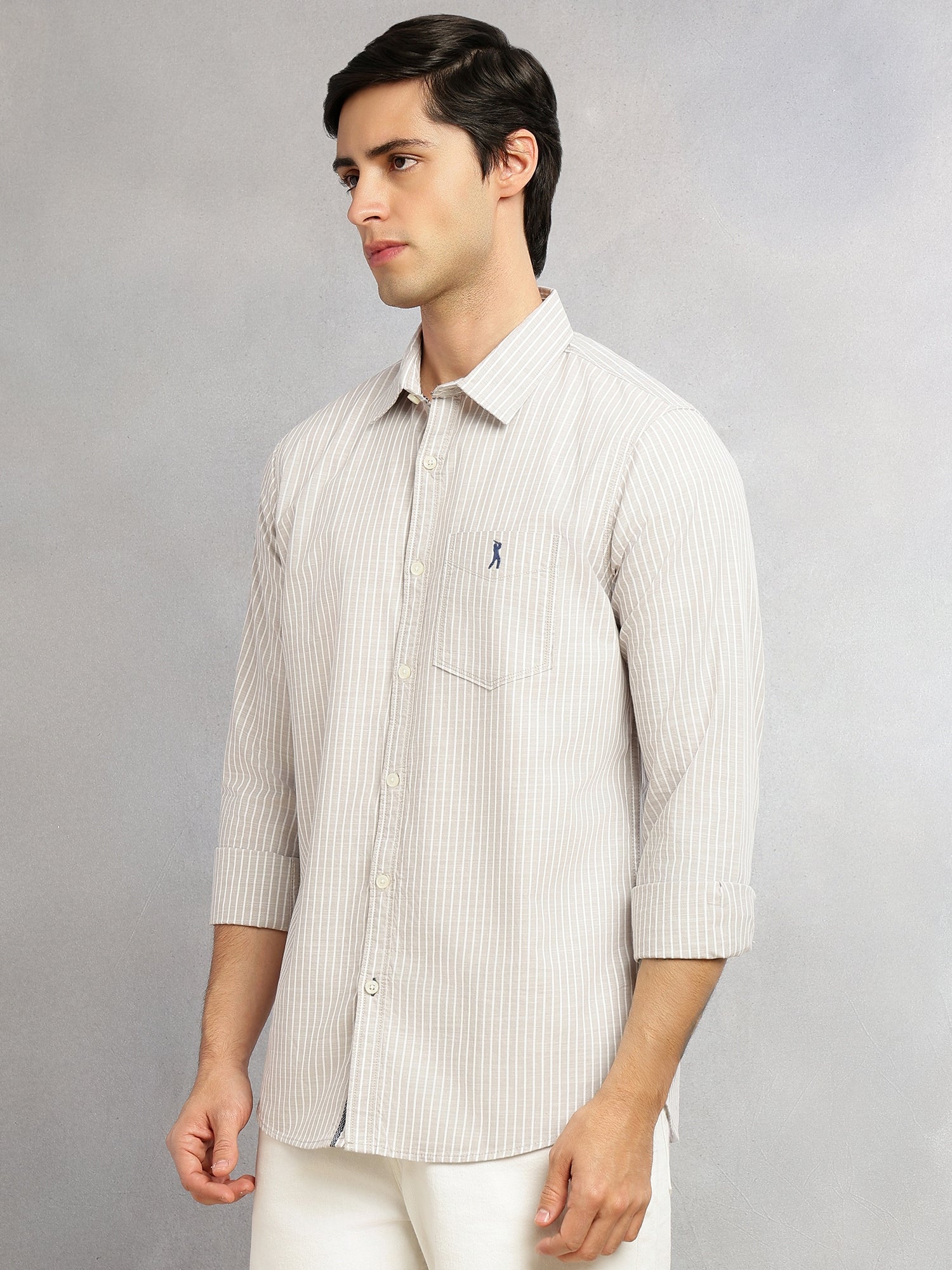 Thomas Scott Men Grey Cricket Club Collection Slim Fit 100% Cotton Oxford Shirt with Vertical Stripes & Spread Collar