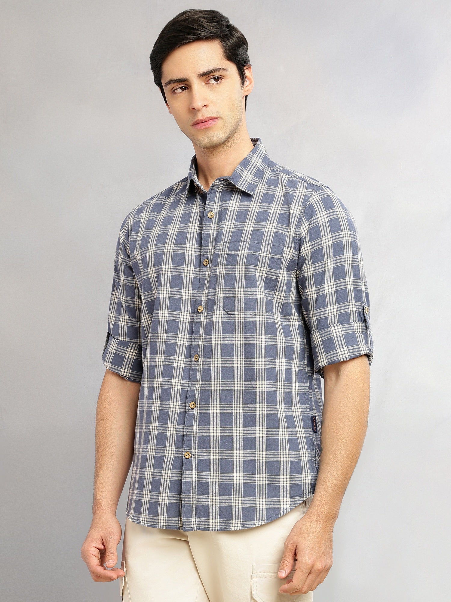 Thomas Scott Men Blue Slim Fit Tartan Checks Cotton Linen Casual Shirt-Cricket Club Collection, Roll-Up Sleeves & Spread Collar