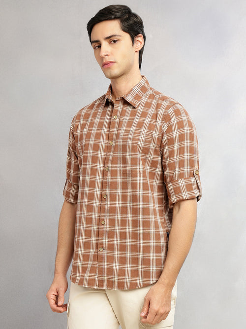Thomas Scott Men Brown Slim Fit Tartan Checks Cotton Linen Casual Shirt-Cricket Club Collection, Roll-Up Sleeves & Spread Collar