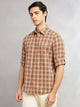 Thomas Scott Men Brown Slim Fit Tartan Checks Cotton Linen Casual Shirt-Cricket Club Collection, Roll-Up Sleeves & Spread Collar