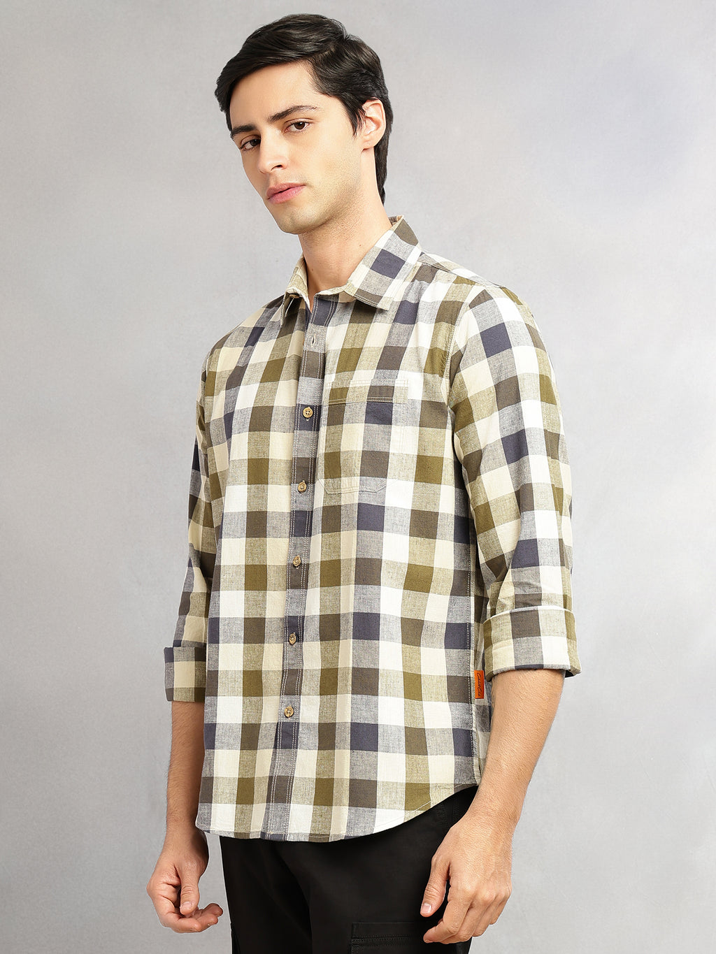 Thomas Scott Men Beige Cricket Club Collection Slim Fit Long Sleeves Shepherd Check Spread Collar Cotton Linen Casual Shirt