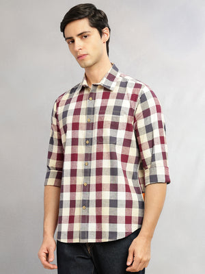 Thomas Scott Men Wine Cricket Club Collection Slim Fit Long Sleeves Shepherd Check Spread Collar Cotton Linen Casual Shirt