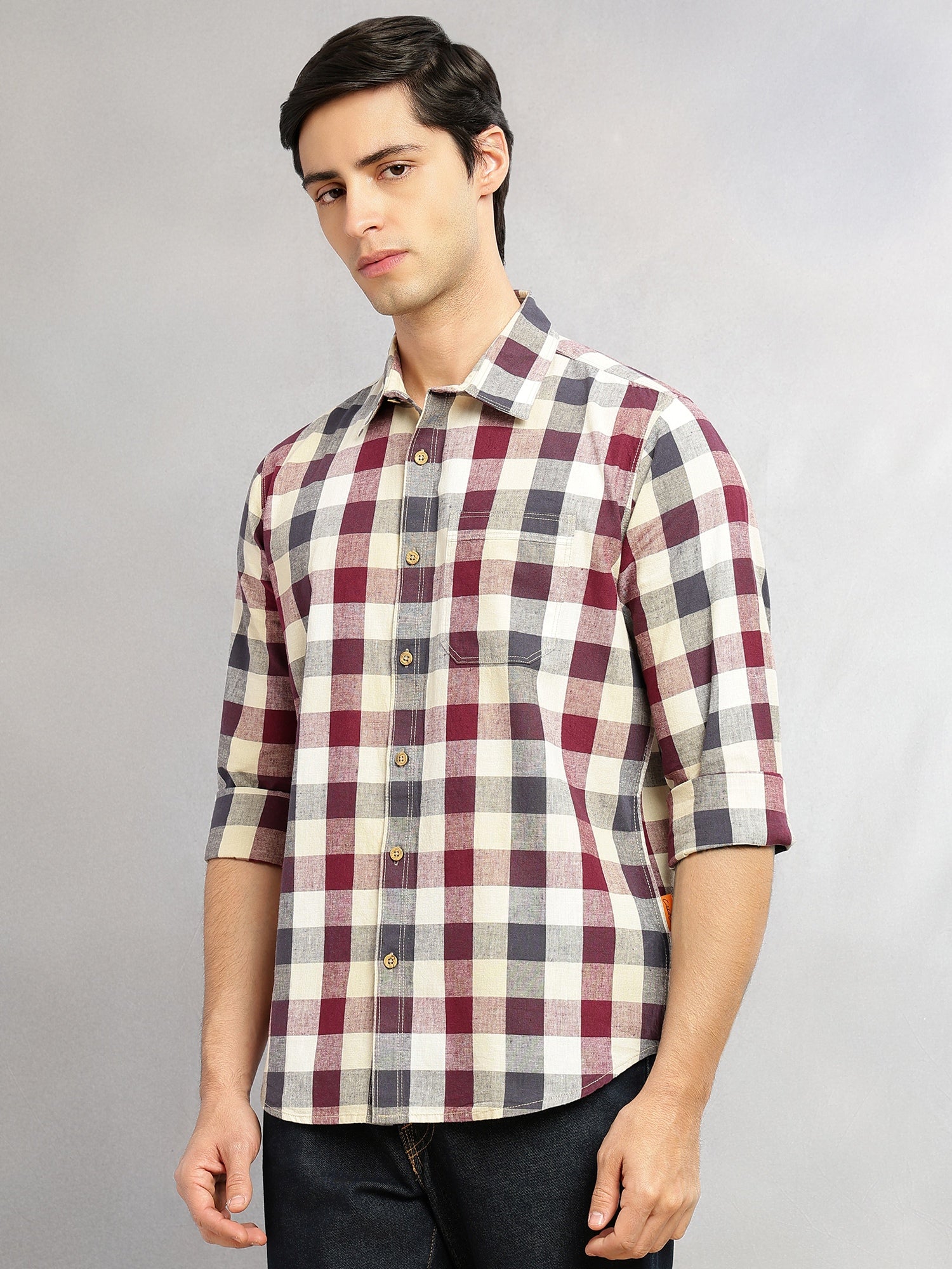 Thomas Scott Men Wine Cricket Club Collection Slim Fit Long Sleeves Shepherd Check Spread Collar Cotton Linen Casual Shirt