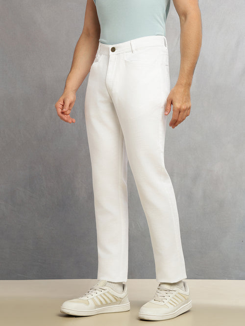 Thomas Scott Men White Smart Straight Fit Mid-Rise Solid 5-Pocket Design Woven Chinos Trouser