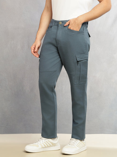 Thomas Scott Men Mid Blue Regular Fit Mid-Rise Solid Woven Utility Cargo Trouser