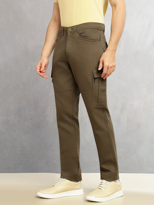 Olive Regular Fit Mid-Rise Solid Woven Utility Cargo Trouser For Men
