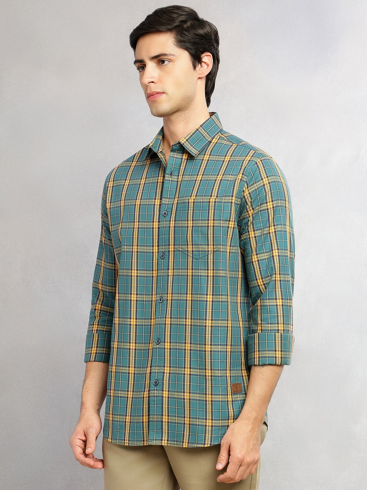 Thomas Scott Men Teal Slim Fit Tartan Checks Long Sleeves Spread Collar 100% Cotton Twill Casual Shirt