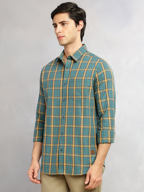 Thomas Scott Men Teal Slim Fit Tartan Checks Long Sleeves Spread Collar 100% Cotton Twill Casual Shirt