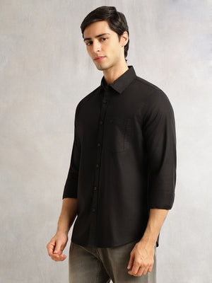 Thomas Scott Men Black Slim Fit Long Sleeves Solid Spread Collar 100% Cotton Twill Casual Shirt