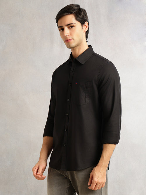 Thomas Scott Men Black Slim Fit Long Sleeves Solid Spread Collar 100% Cotton Twill Casual Shirt