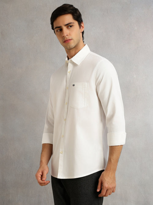 Thomas Scott Men White Slim Fit Long Sleeves Solid Spread Collar 100% Cotton Twill Casual Shirt