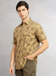 Thomas Scott Men Khaki Slim Fit Short Sleeves Floral Printed Two Flap Chest Pockets Pure Cotton Casual Shirt for Men