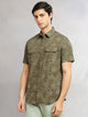 Thomas Scott Men Olive Slim Fit Short Sleeves Floral Printed Two Flap Chest Pockets Pure Cotton Casual Shirt for Men