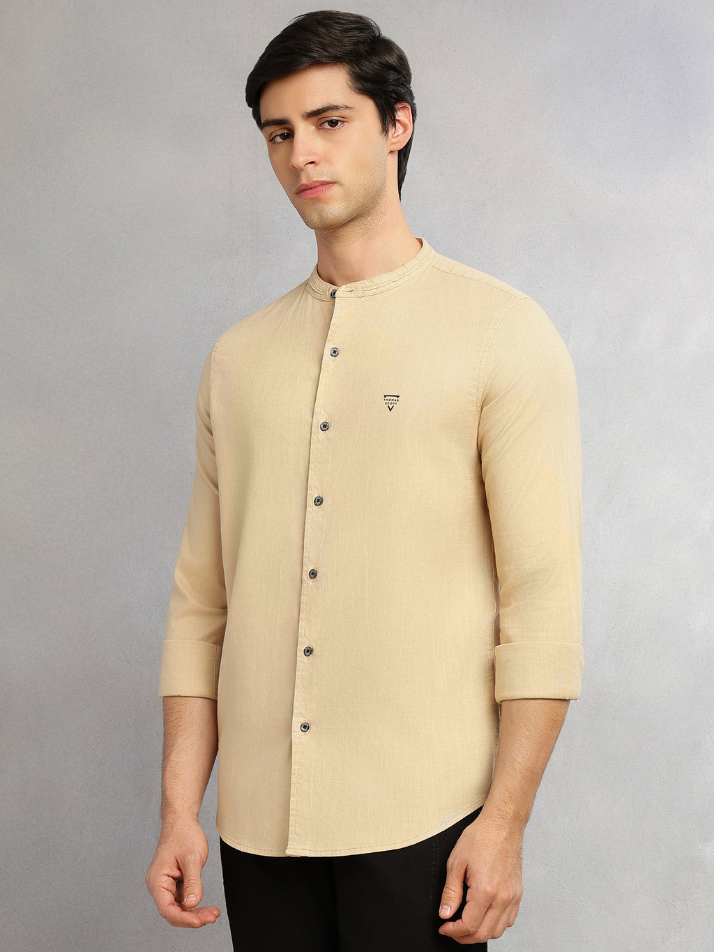 Thomas Scott Men Khaki Slim Fit Long Sleeves Solid Mandarin Collar Cotton Linen Casual Shirt