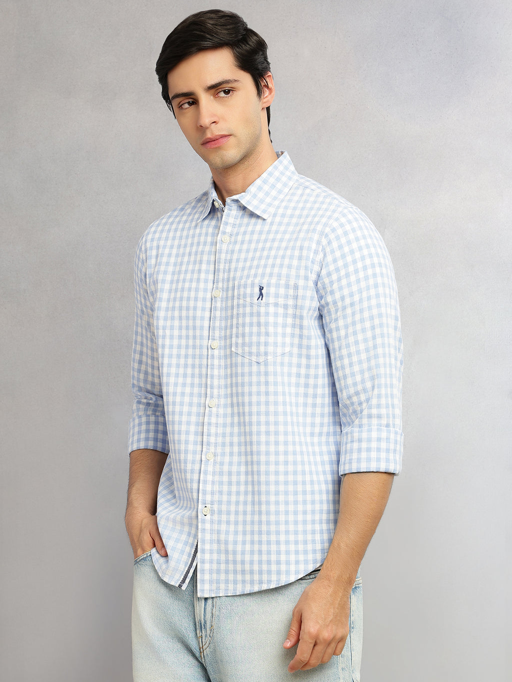 Thomas Scott Men Blue Cricket Club Collection Slim Fit 100% Cotton Oxford Shirt with Gingham Checks & Spread Collar