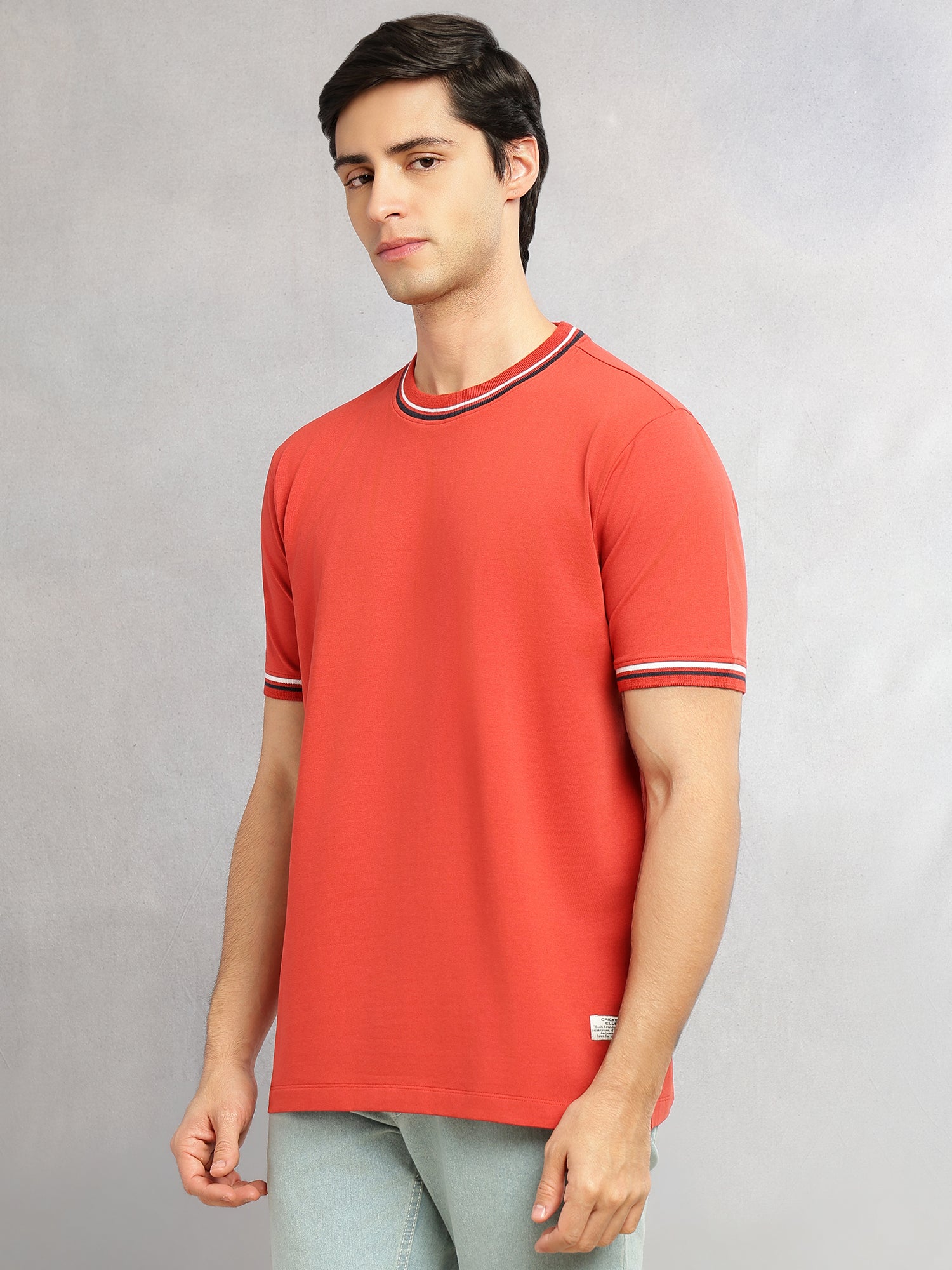 Thomas Scott Men Rust Cricket Club Collection Short Sleeves Regular Fit Round Neck Solid Knitted T-shirt