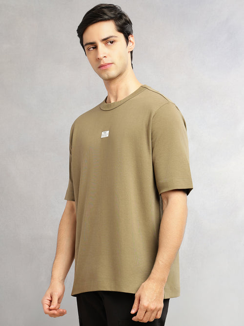Thomas Scott Men Olive Cricket Club Collection Oversized Fit Round Neck Short Sleeves 100% Cotton Solid Knitted T-shirt