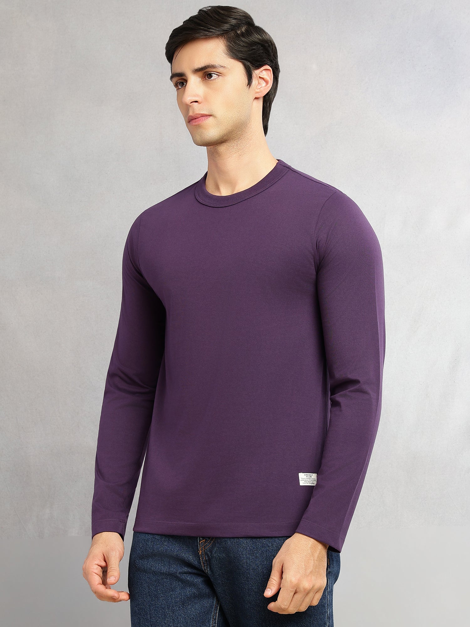 Thomas Scott Men Purple Cricket Club Collection Regular Fit Round Neck Long Sleeves Polycotton Solid Knitted T-shirt