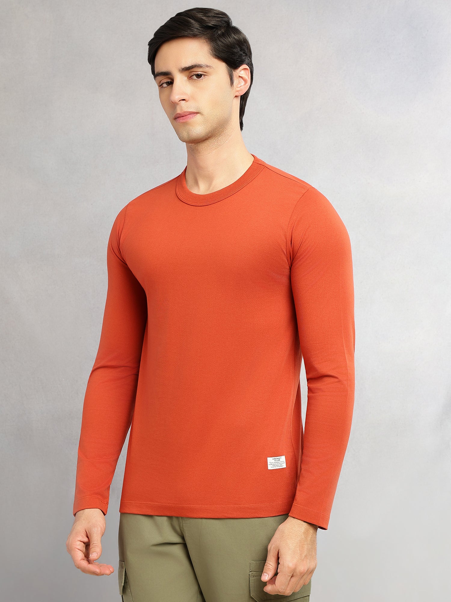 Thomas Scott Men Rust Cricket Club Collection Regular Fit Round Neck Long Sleeves Polycotton Solid Knitted T-shirt