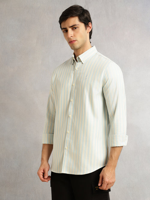 Thomas Scott Men Light Blue Cricket Club Collection Slim Fit Vertical Stripe Cotton Casual Shirt-Button Down Collar, Full Sleeves
