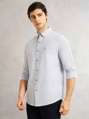 Thomas Scott Men Navy Cricket Club Collection Slim Fit Long Sleeves Button Down Collar SeerSucker Shirt