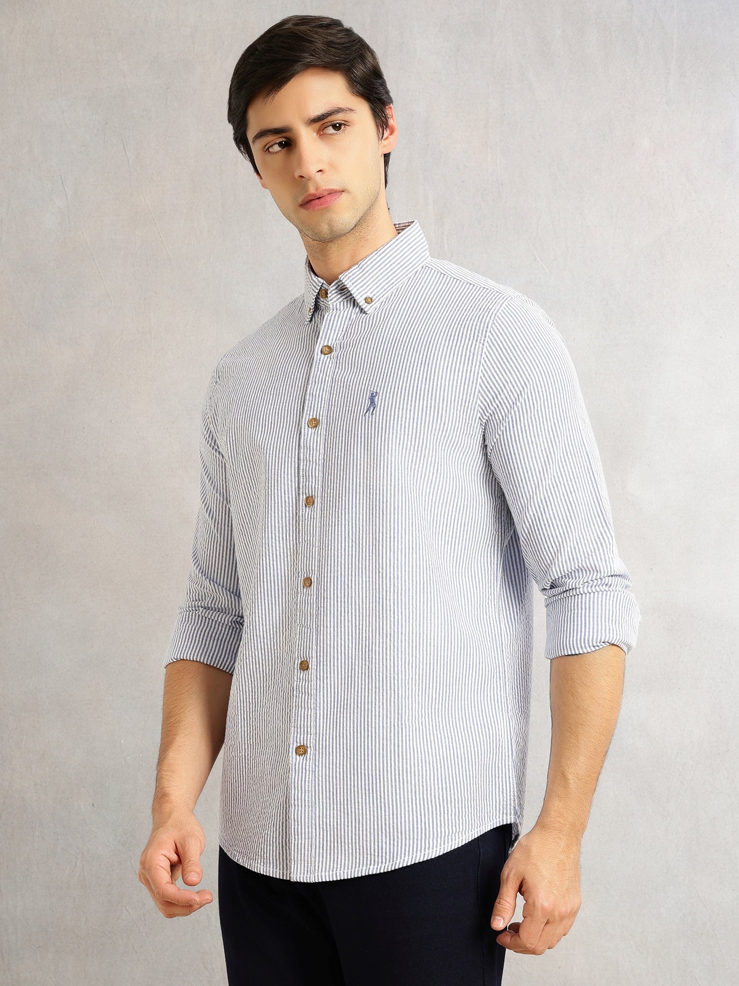 Thomas Scott Men Navy Cricket Club Collection Slim Fit Long Sleeves Button Down Collar SeerSucker Shirt