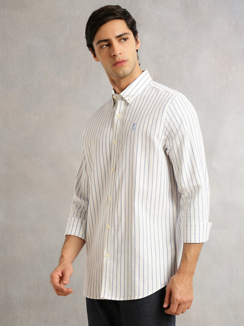 Thomas Scott Men Blue Cricket Club Collection Slim Fit Long Sleeves Button Down Collar Cotton Linen Oxford Shirt
