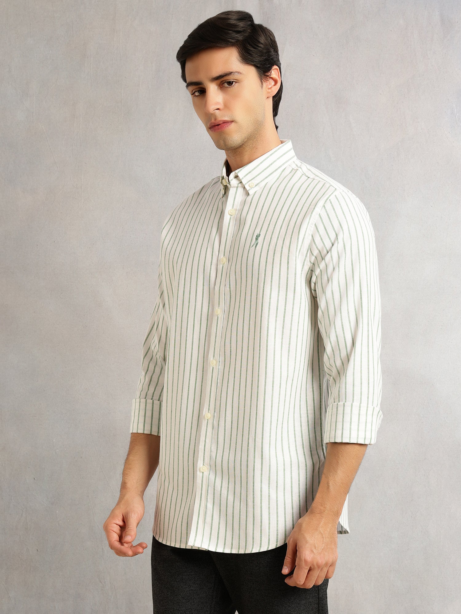 Thomas Scott Men Green Cricket Club Collection Slim Fit Long Sleeves Button Down Collar Cotton Linen Oxford Shirt