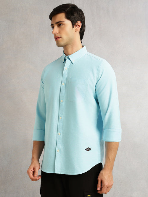 Thomas Scott Men Aqua Slim Fit Long Sleeves Button-Down Collar Solid 100% Cotton Oxford Casual Shirt
