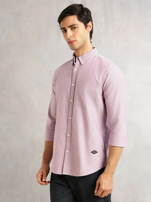 Thomas Scott Men Purple Slim Fit Long Sleeves Button-Down Collar Solid 100% Cotton Oxford Casual Shirt