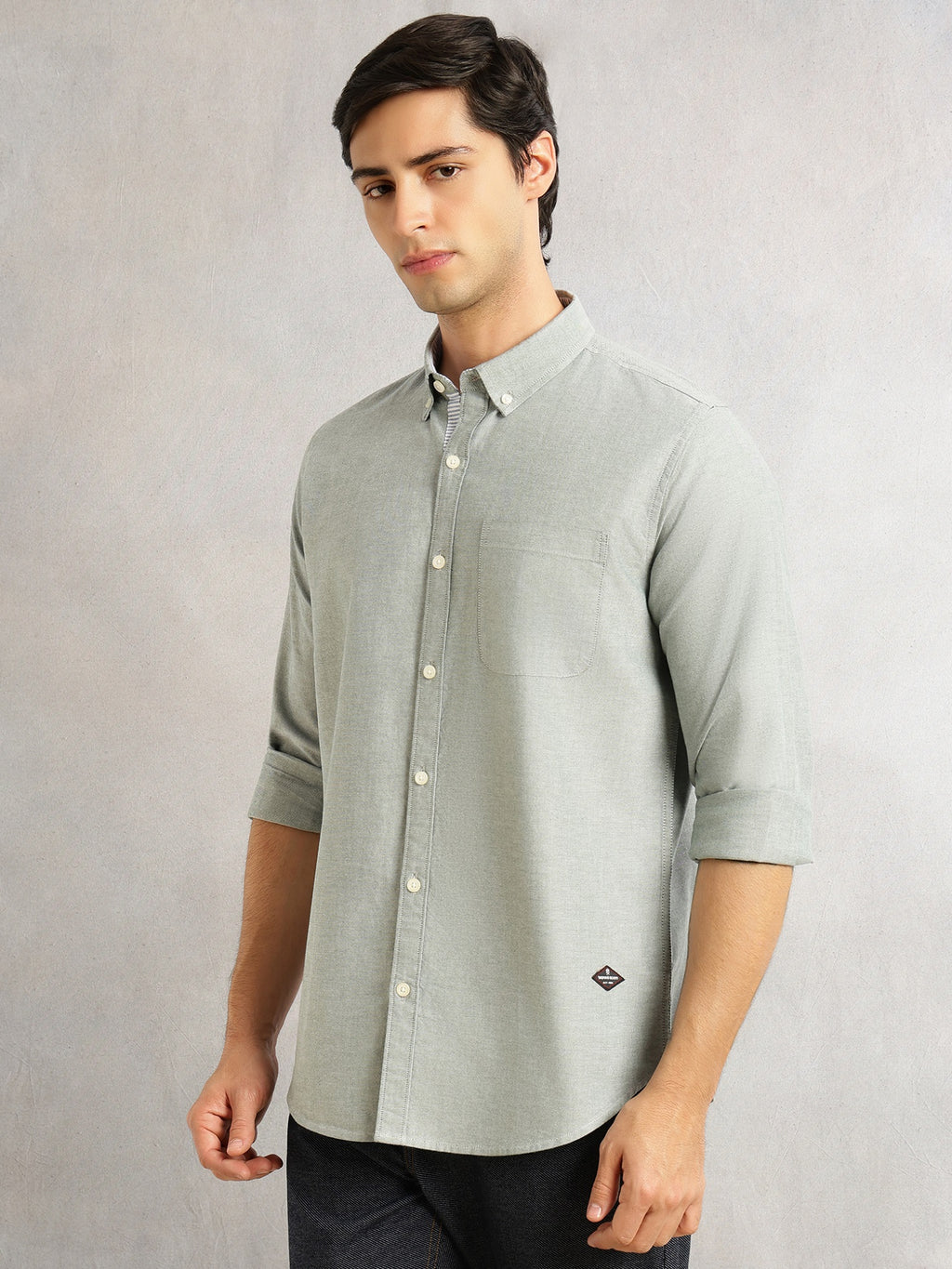 Thomas Scott Men Bottle Green Slim Fit Long Sleeves Button-Down Collar Solid 100% Cotton Oxford Casual Shirt