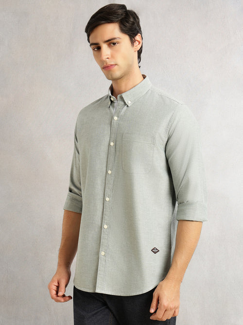Thomas Scott Men Bottle Green Slim Fit Long Sleeves Button-Down Collar Solid 100% Cotton Oxford Casual Shirt