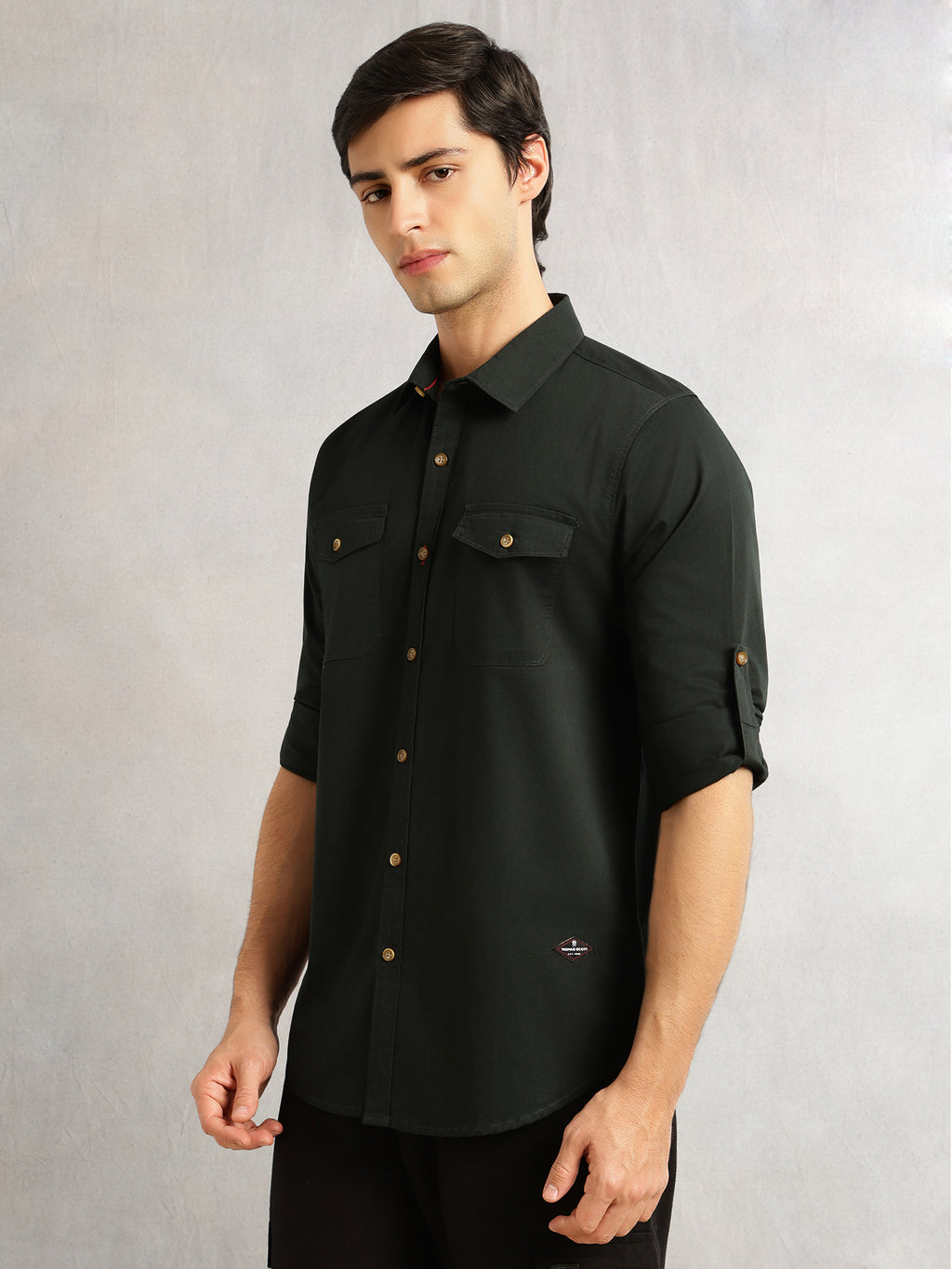 Thomas Scott Men Bottle Green1 Regular Fit Long Roll-Up Sleeves Spread Collar Solid 100% Cotton Casual Shirt