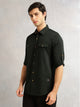 Thomas Scott Men Bottle Green1 Regular Fit Long Roll-Up Sleeves Spread Collar Solid 100% Cotton Casual Shirt
