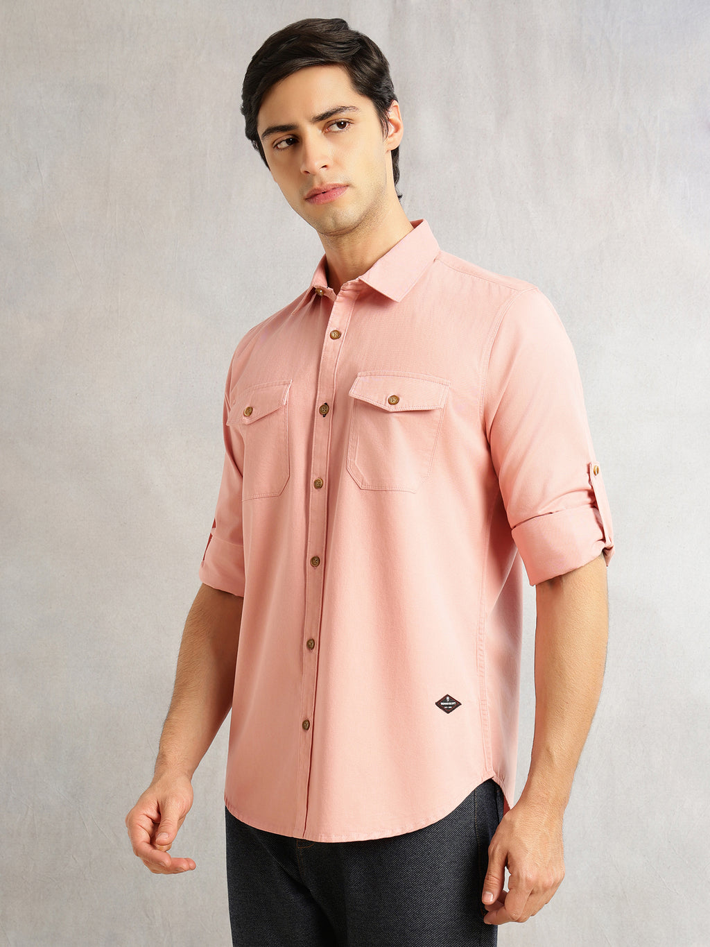 Thomas Scott Men Peach Regular Fit Long Roll-Up Sleeves Spread Collar Solid 100% Cotton Casual Shirt