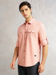 Thomas Scott Men Peach Regular Fit Long Roll-Up Sleeves Spread Collar Solid 100% Cotton Casual Shirt