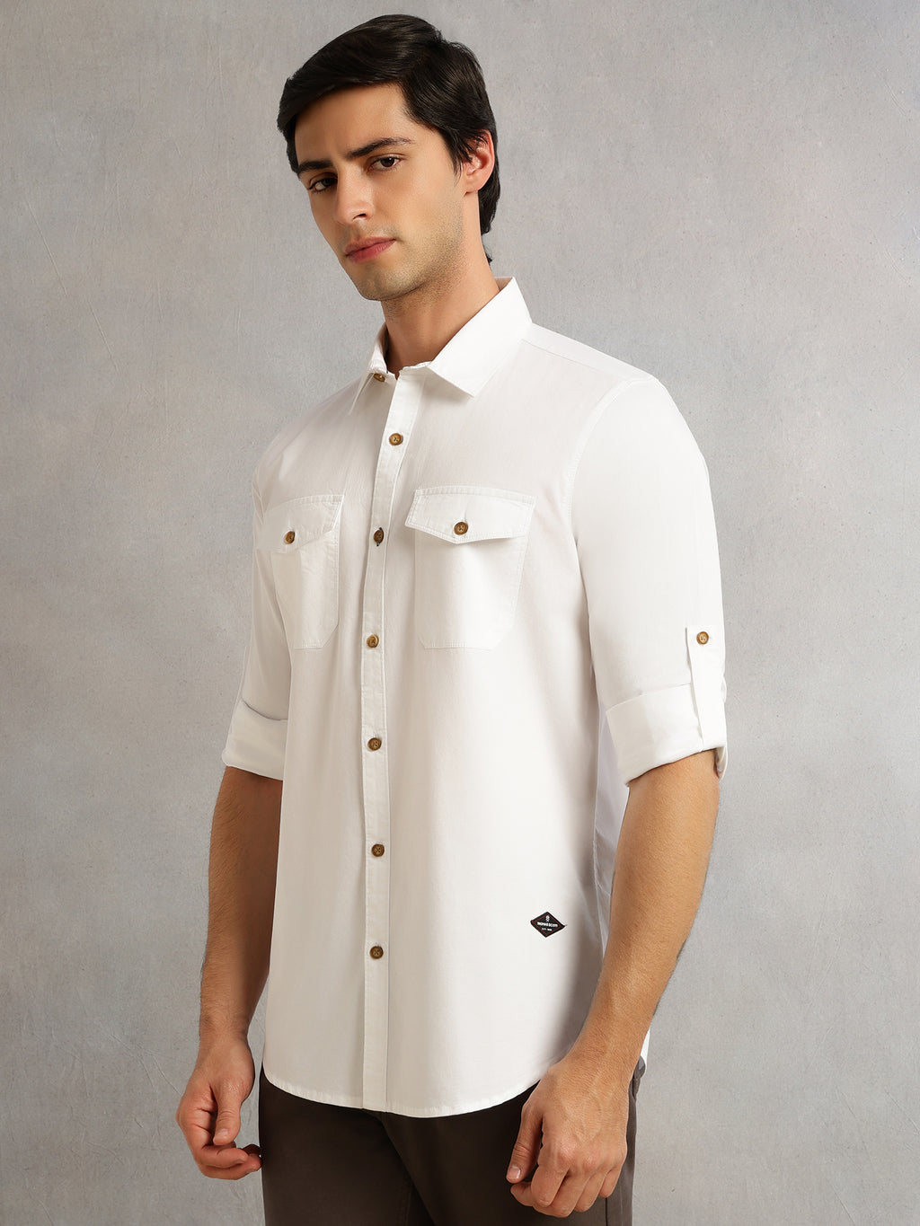 Thomas Scott Men White1 Regular Fit Long Roll-Up Sleeves Spread Collar Solid 100% Cotton Casual Shirt